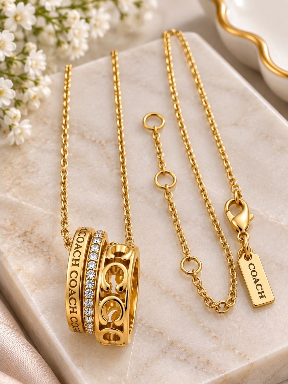 COACH Gold Interlocking Triple Ring Necklace - Picture 2 of 6